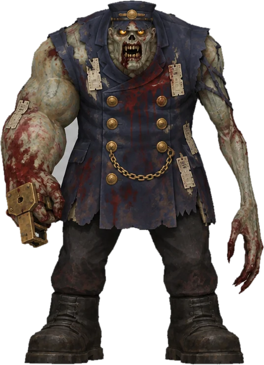 The Conductor: a huge zombie railwayman in a torn navy coat, one arm swollen