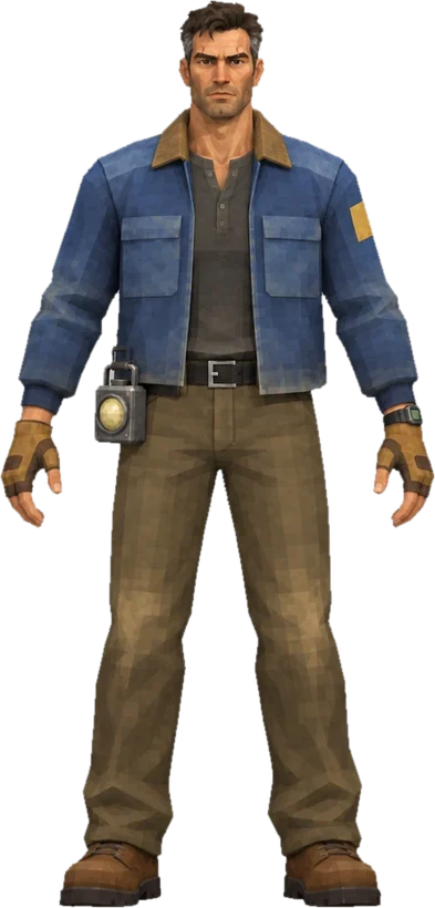 Jonah Pike in a blue work jacket with a signal lamp on his hip