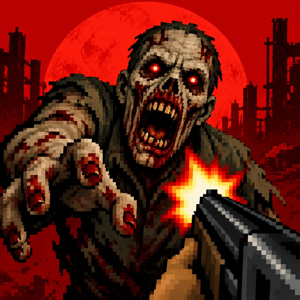 Retro Zombies key art: a pixel-art zombie reaching out under a blood-red moon