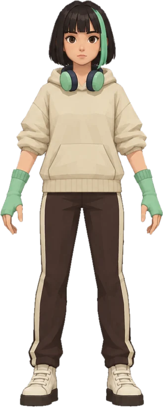Mina Park in a cream hoodie with headphones round her neck