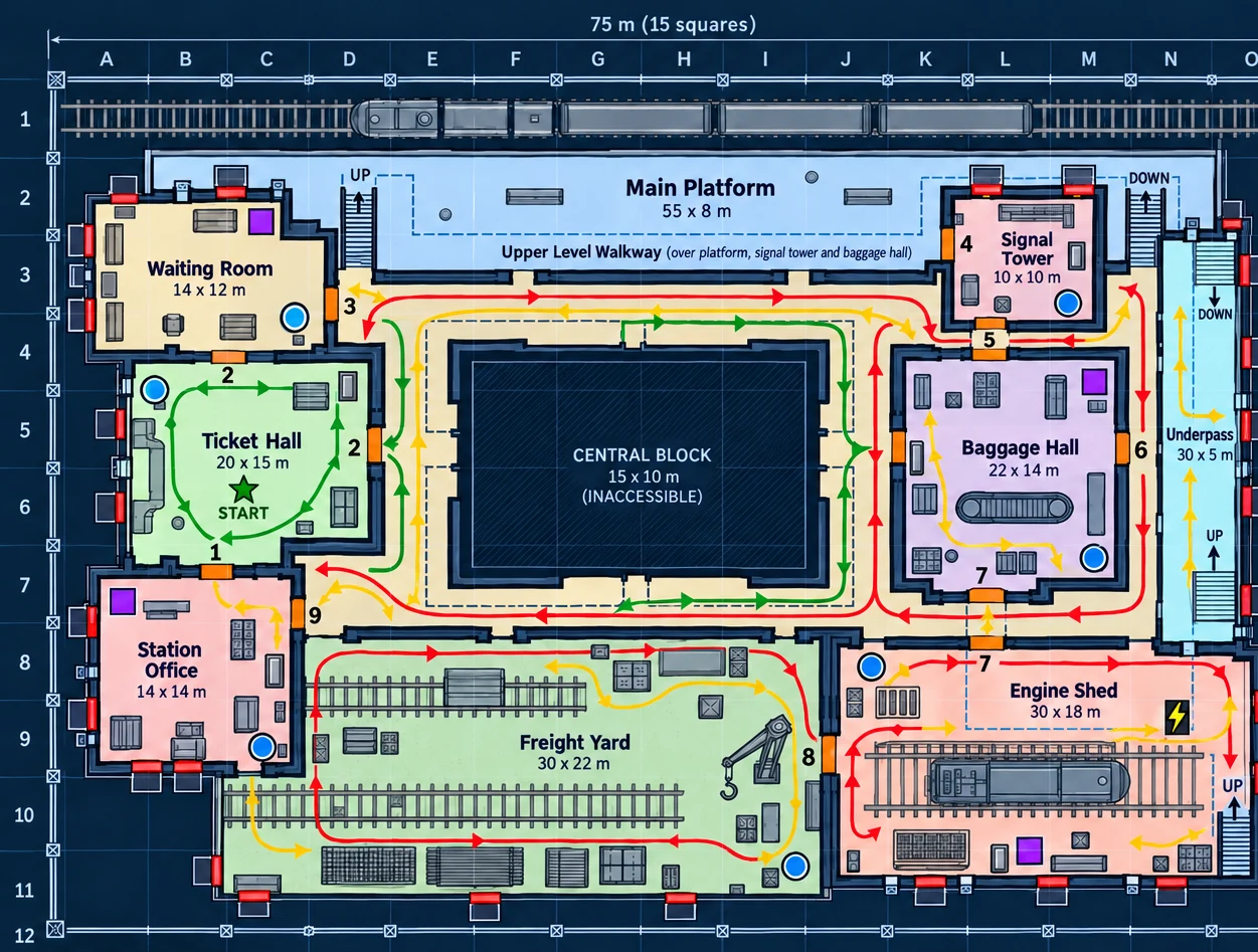 Plan of Last Stop: ten areas round a concourse ring and a central block